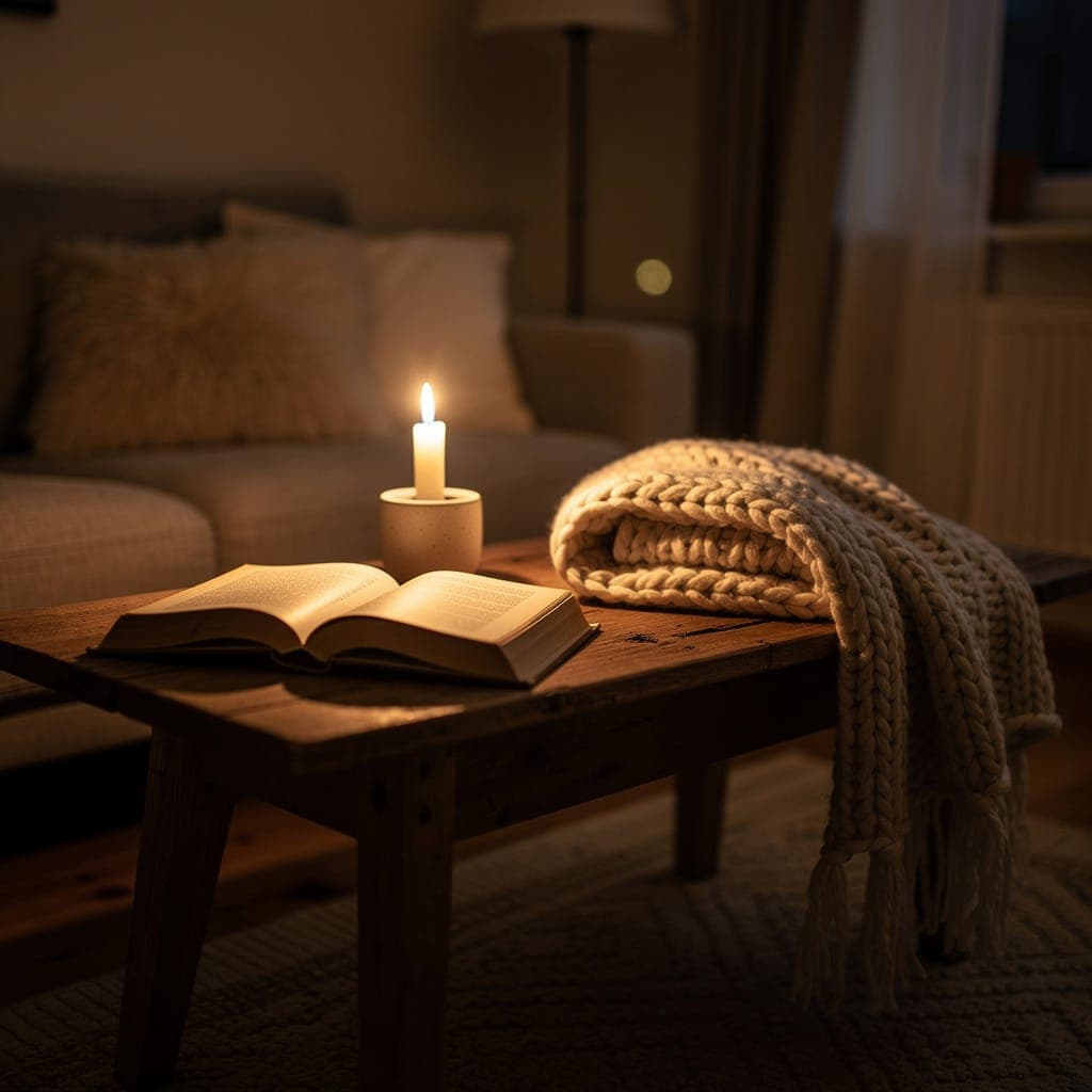 Anuncio generado con IA: vela encendida sobre una mesa de madera junto a un libro abierto y una manta tejida, ambiente acogedor