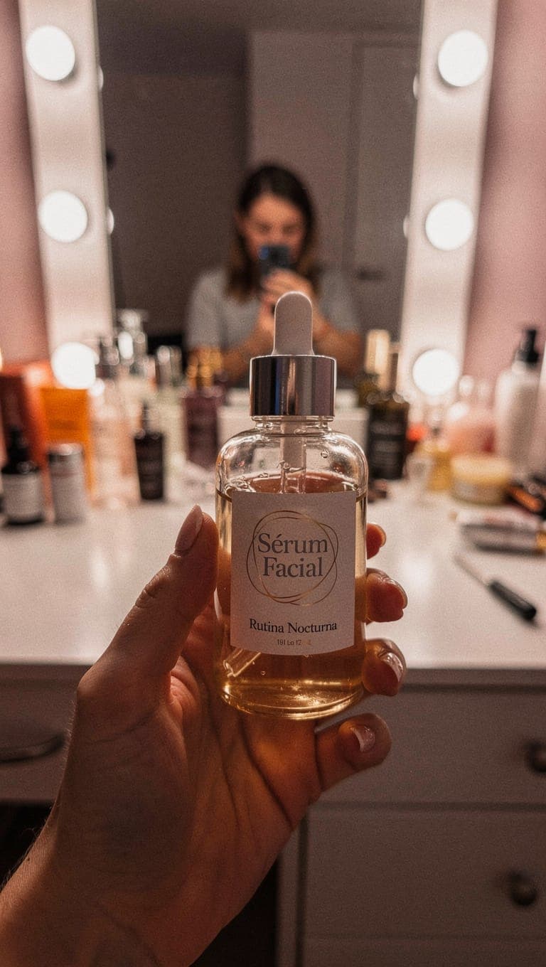 Anuncio generado con IA: frasco de sérum frente a un espejo de tocador con luces, estilo foto de influencer, formato vertical