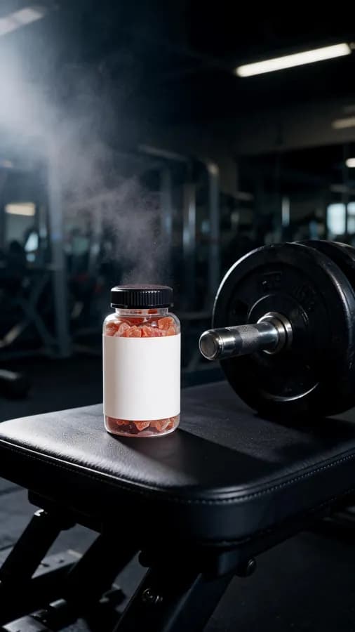 Frasco de gomitas sobre una banca de gimnasio junto a una mancuerna