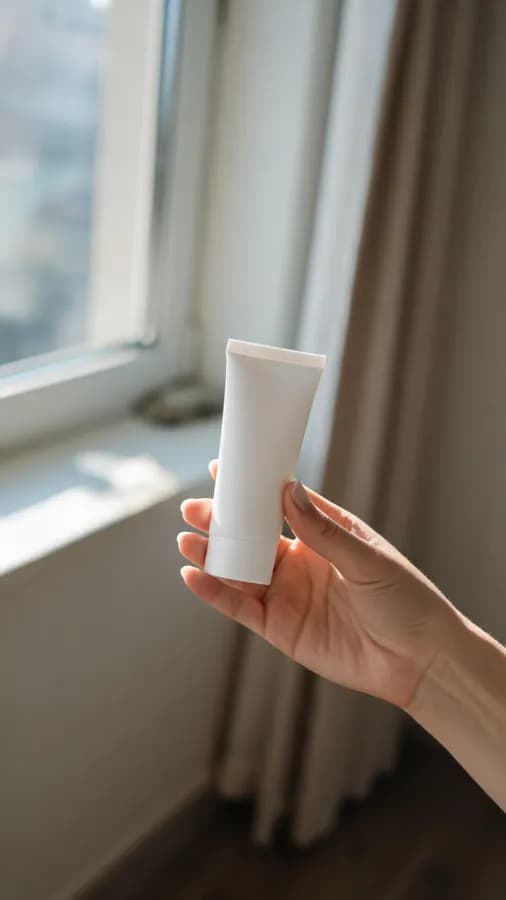 Mano sosteniendo un tubo de crema junto a una ventana, estilo foto de cliente