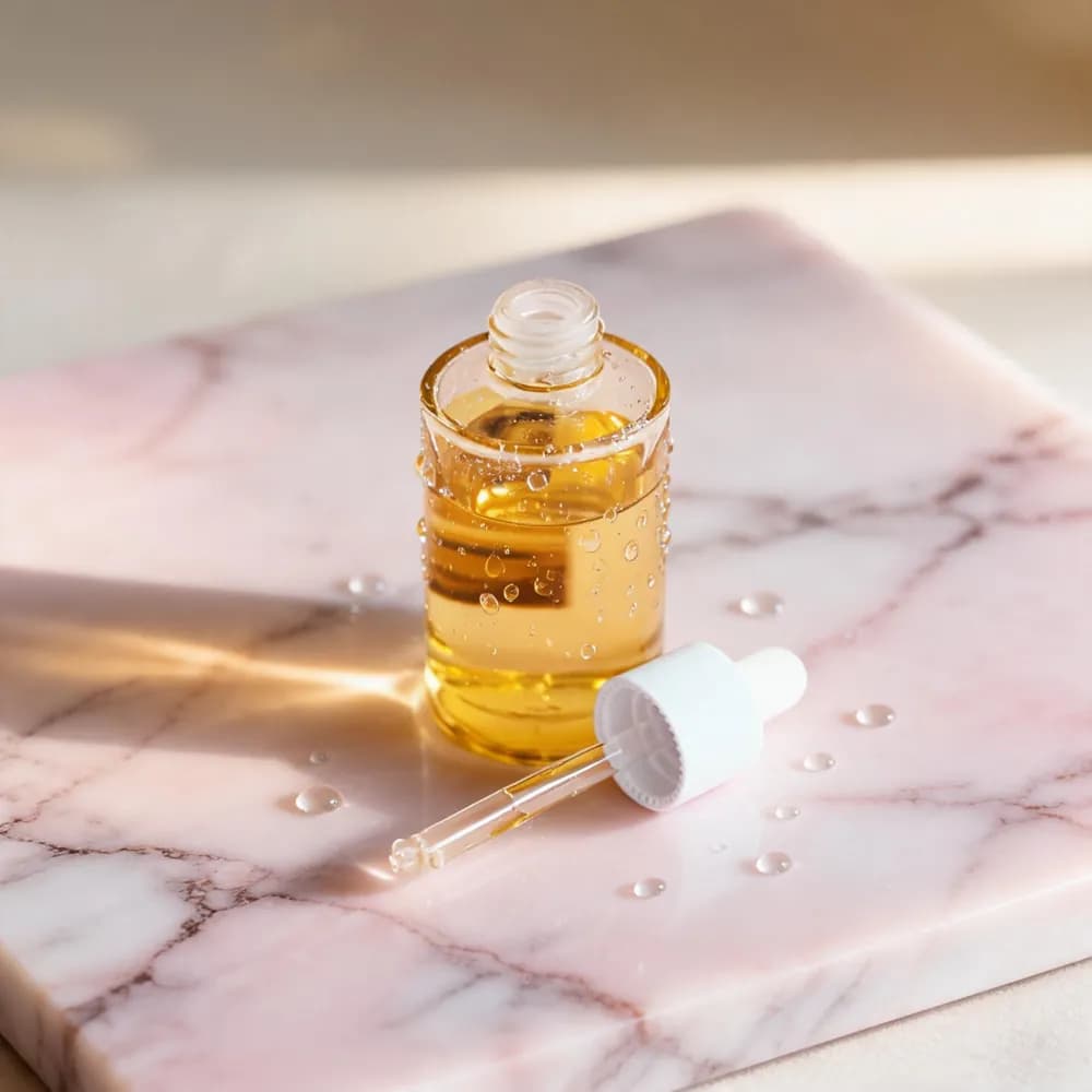 Vista previa de mármol y luz de mañana: sérum facial en frasco de vidrio