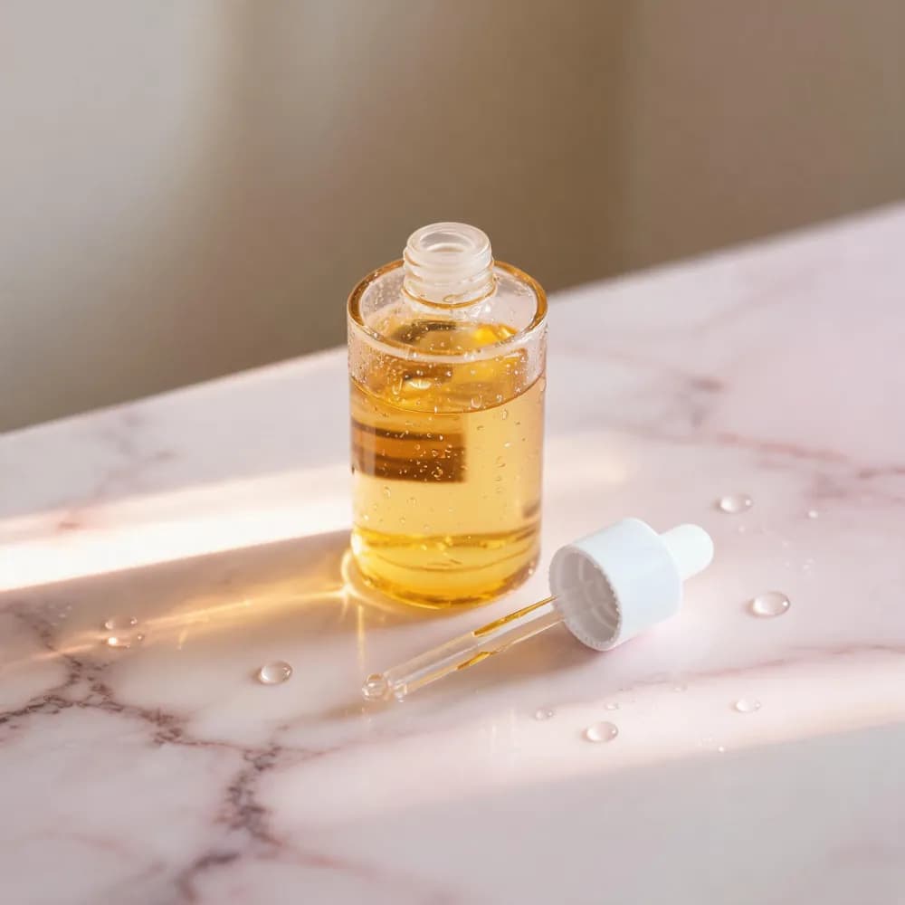 Frasco de sérum sobre mármol rosa con gotas de agua y luz suave