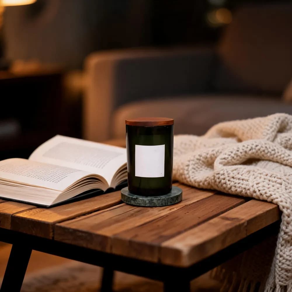 Vista previa de sala acogedora: vela aromática en frasco verde