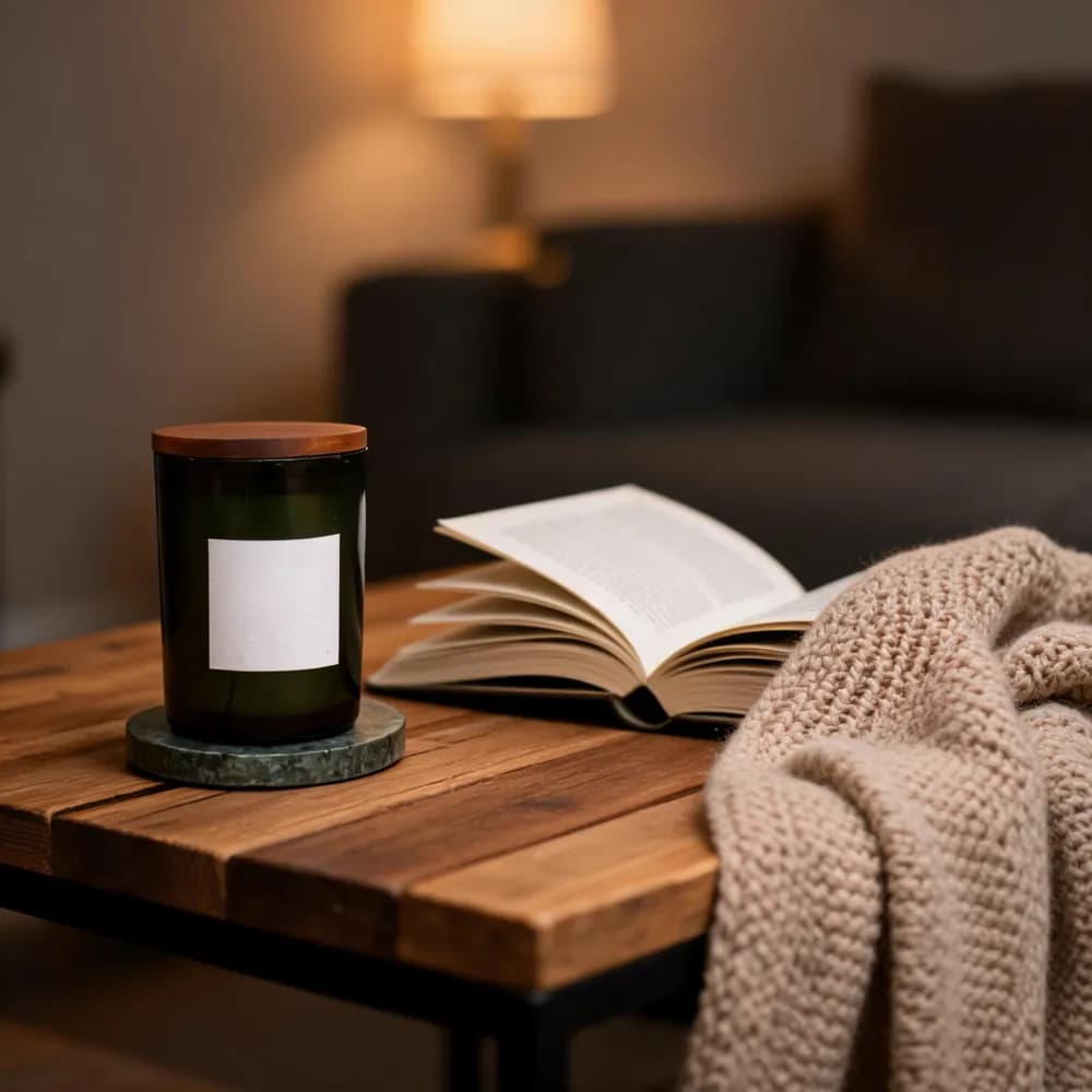 Vela verde sobre mesa de madera junto a un libro y una manta tejida en una sala cálida, variación 2
