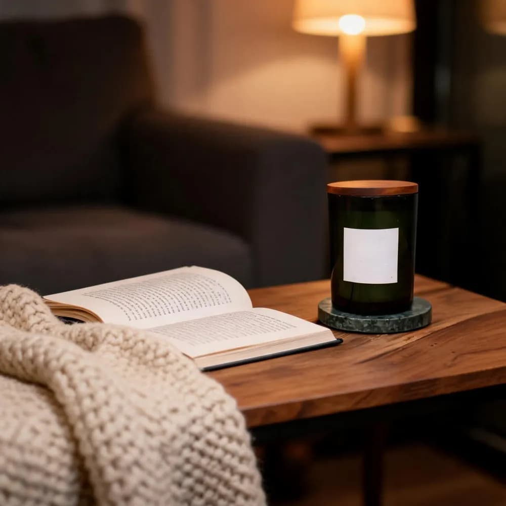 Vela verde sobre mesa de madera junto a un libro y una manta tejida en una sala cálida, variación 3