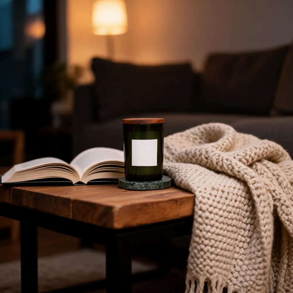 Vela verde sobre mesa de madera junto a un libro y una manta tejida en una sala cálida, variación 4
