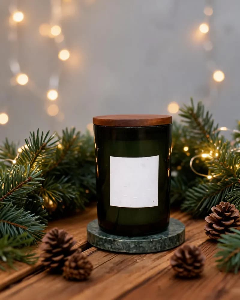 Vista previa de navidad cálida: vela aromática en frasco verde