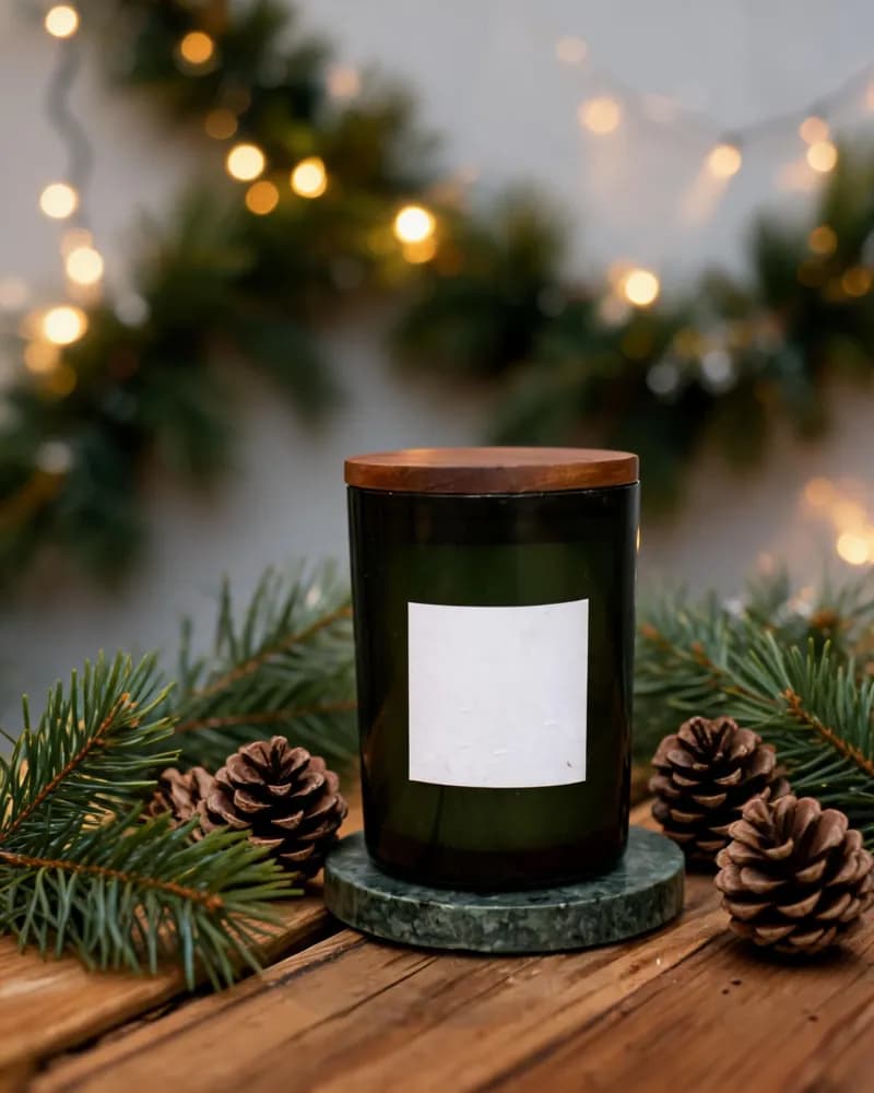 Vela verde rodeada de ramas de pino, piñas y luces navideñas cálidas, variación 2