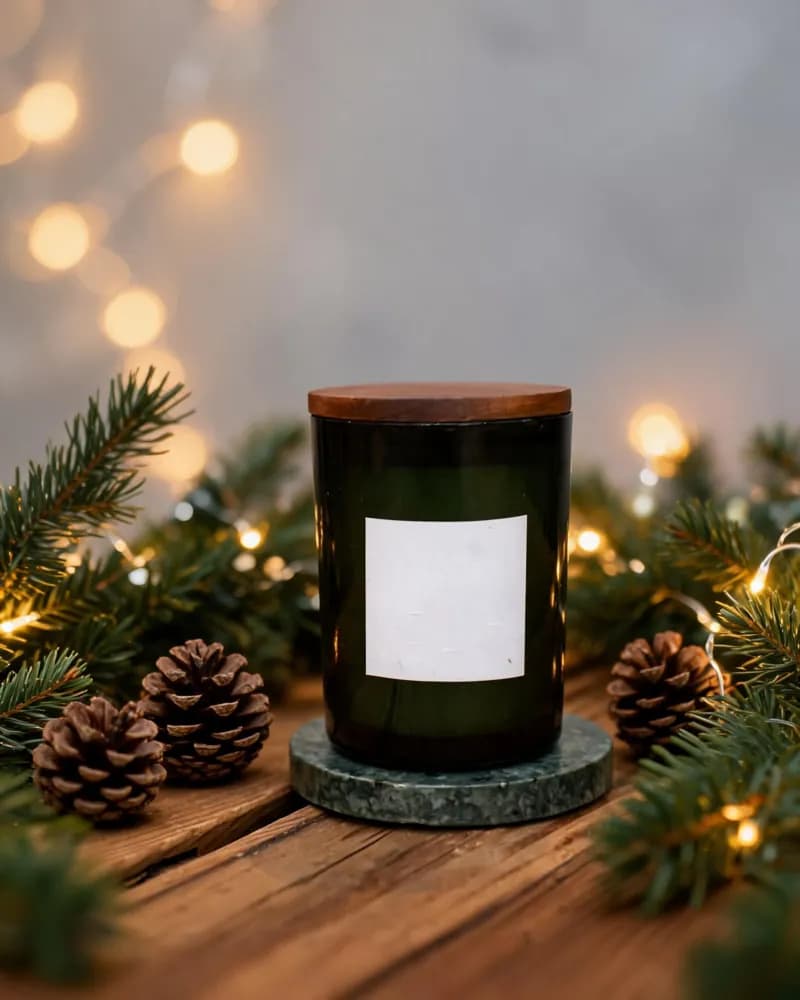 Vela verde rodeada de ramas de pino, piñas y luces navideñas cálidas, variación 3