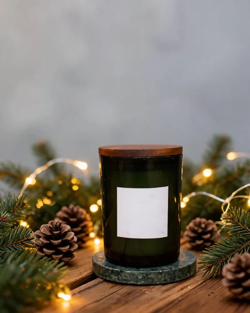 Vela verde rodeada de ramas de pino, piñas y luces navideñas cálidas, variación 4