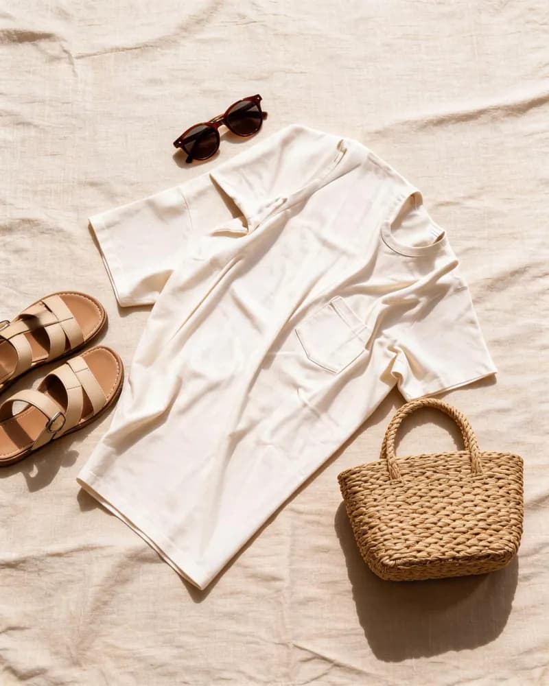 Camiseta blanca en flat lay sobre lino con gafas, sandalias y bolso de mimbre, variación 1