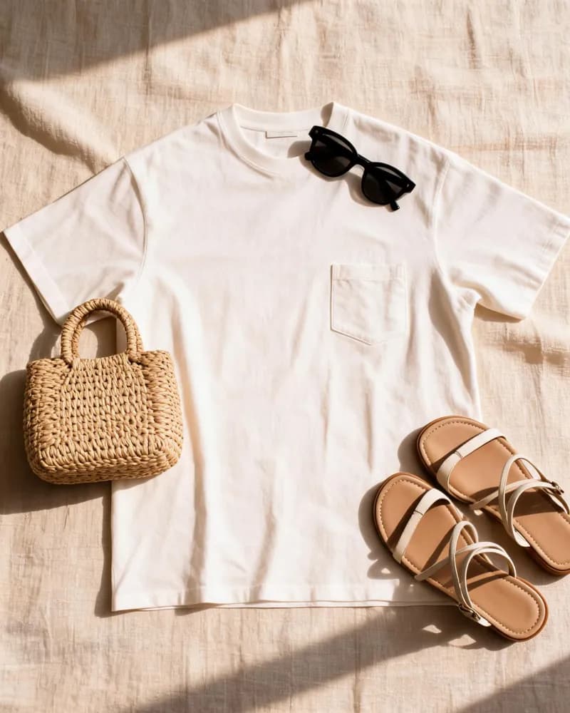 Camiseta blanca en flat lay sobre lino beige con accesorios de verano