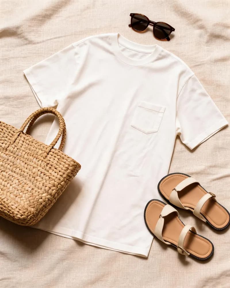 Camiseta blanca en flat lay sobre lino con gafas, sandalias y bolso de mimbre, variación 3