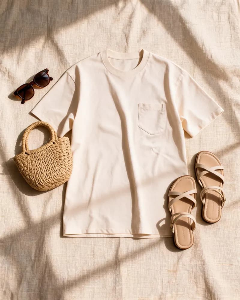 Camiseta blanca en flat lay sobre lino con gafas, sandalias y bolso de mimbre, variación 4