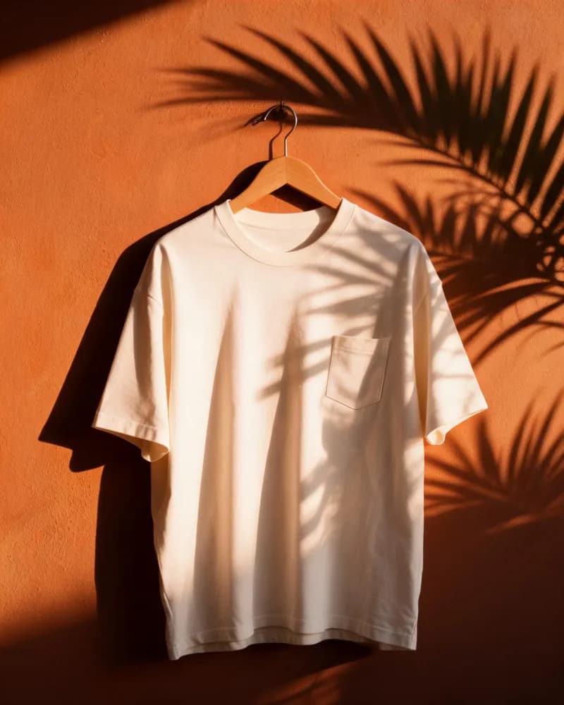 Vista previa de percha y pared terracota: camiseta blanca de algodón