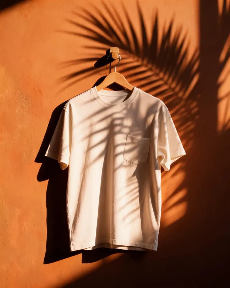 Camiseta blanca en una percha sobre pared terracota con sombra de una hoja