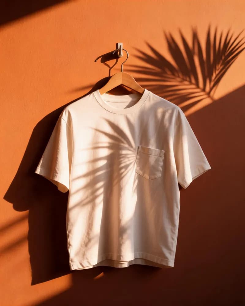 Camiseta blanca en una percha de madera sobre pared terracota con sombras de palmera, variación 3