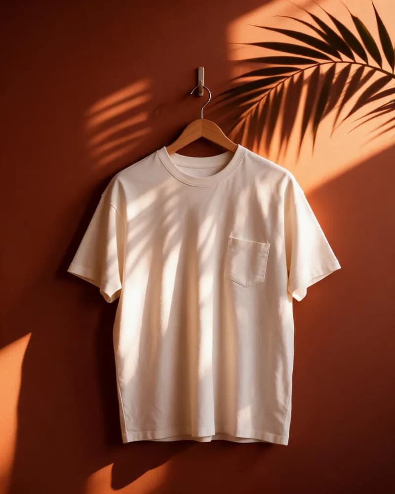 Camiseta blanca en una percha de madera sobre pared terracota con sombras de palmera, variación 4