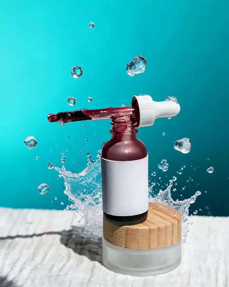 Frasco de sérum con gotero ante un splash de agua y fondo aguamarina, variación 3