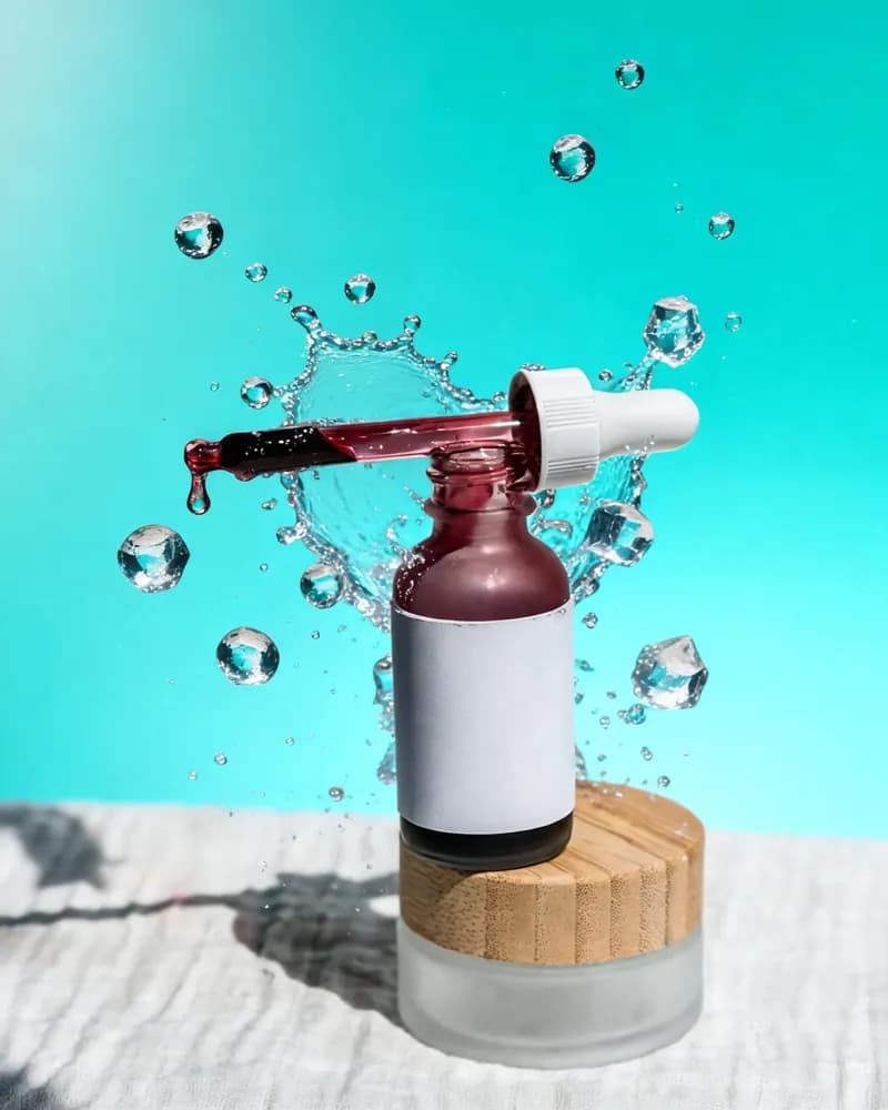 Frasco de sérum con gotero ante un splash de agua y fondo aguamarina, variación 4